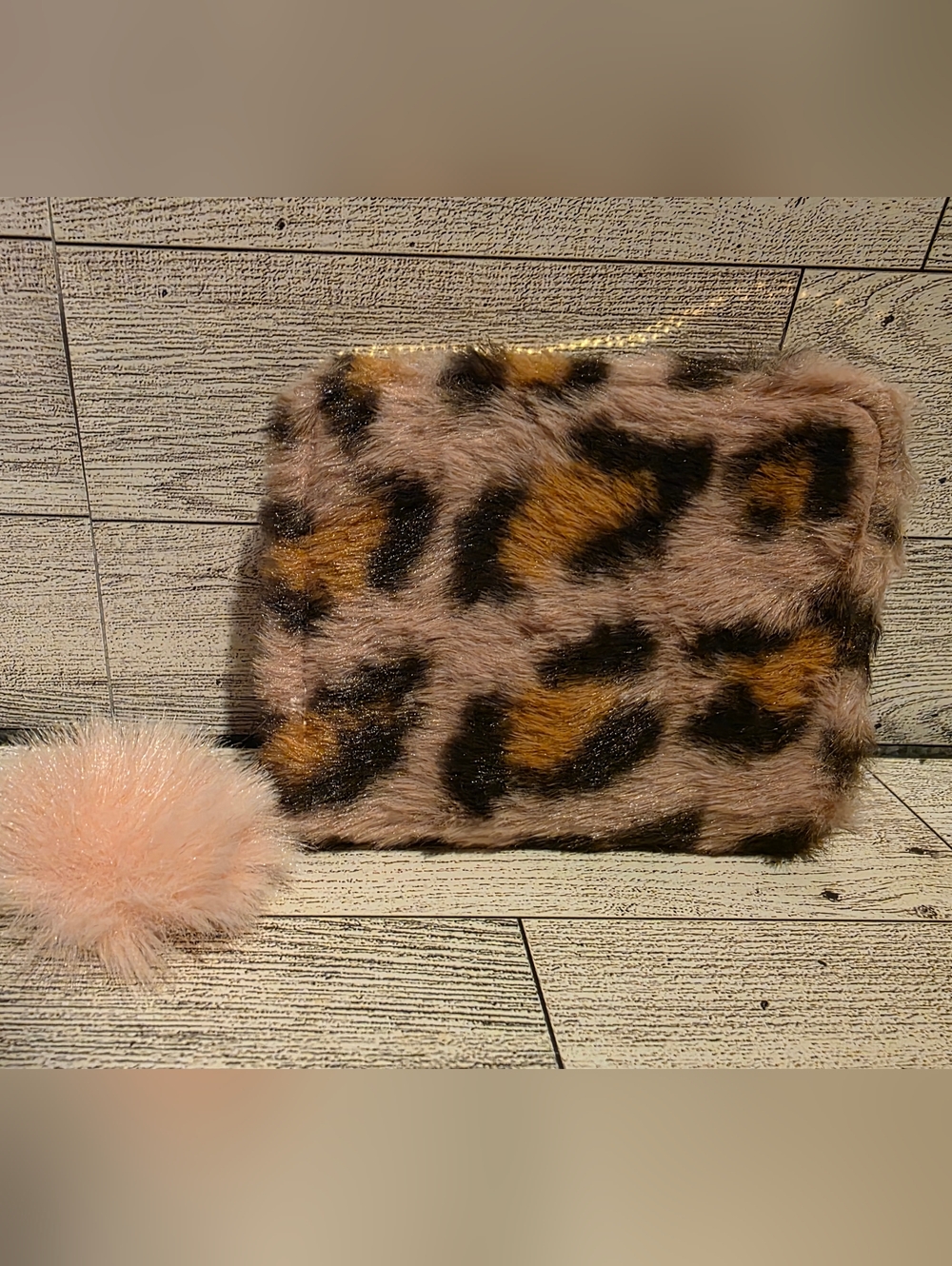 Faux Fur Leopard Print Wristlet Wallet - Pink
